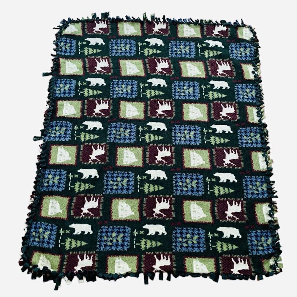 Handmade Fleece Blanket Hand Tied Large Throw 59"x45" Log Cabin Bears Deer Bucks